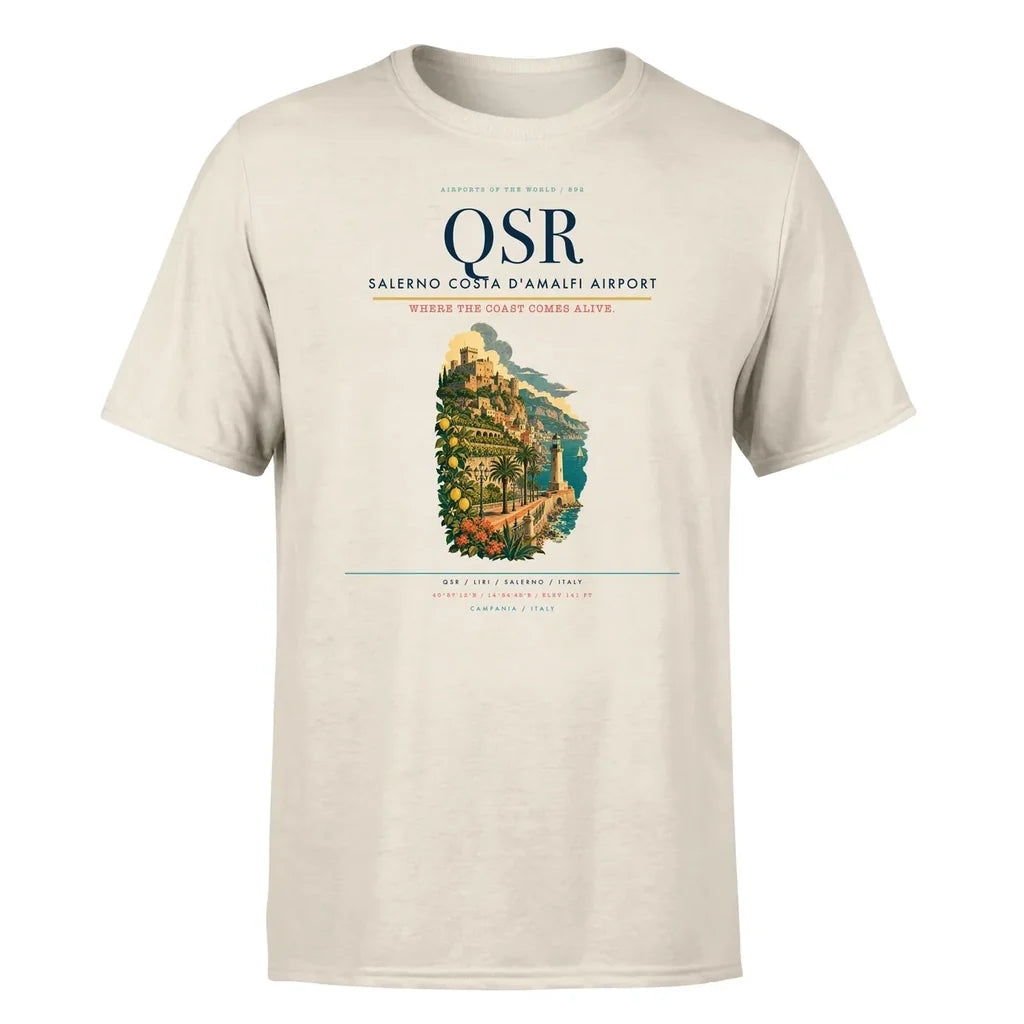Salerno Costa d'Amalfi Airport (QSR) T-Shirt single-side front print in Beige | salerno-costa-damalfi-airport-qsr-double-side-t-shirt
