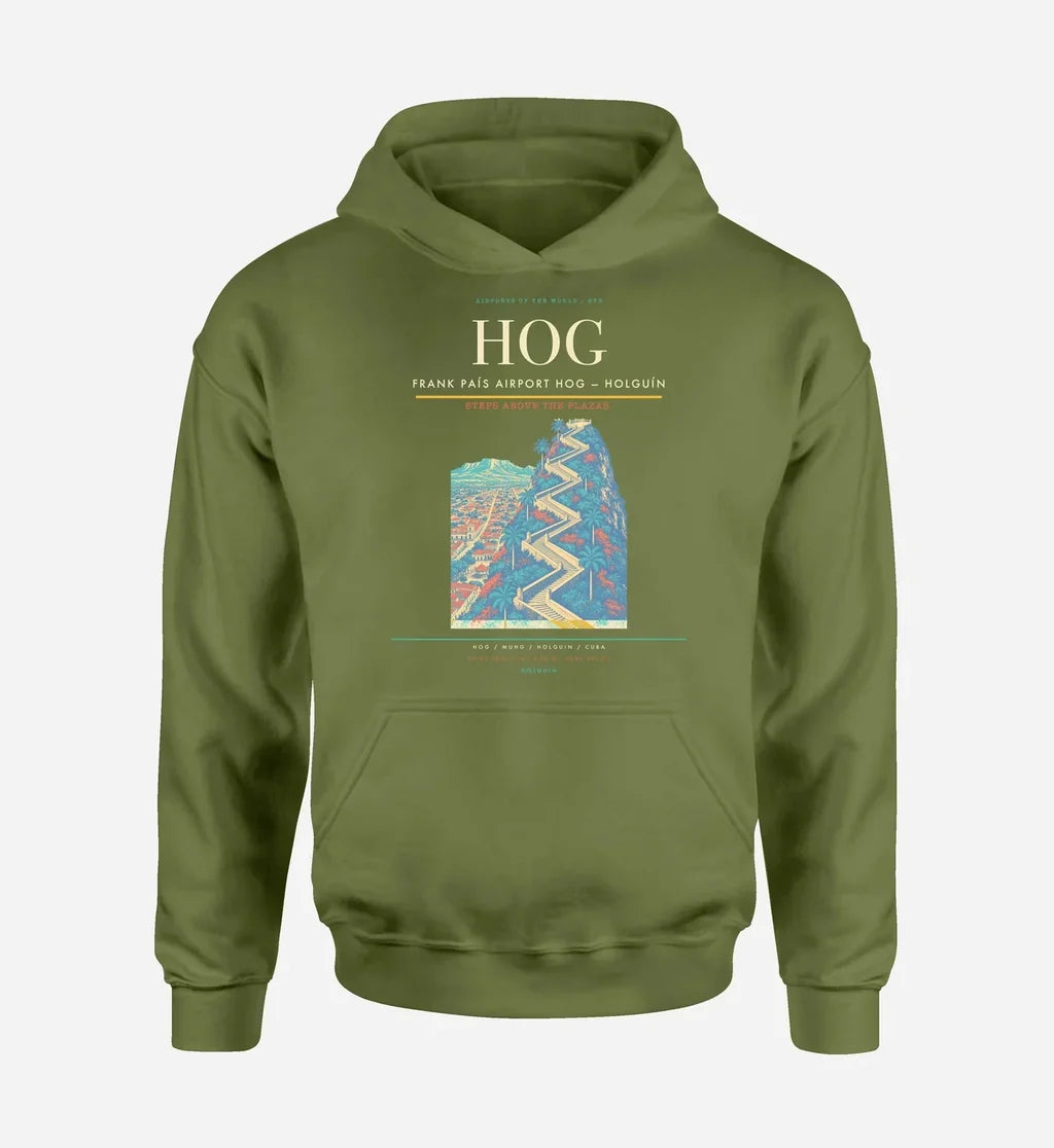Frank País Airport (HOG) design on green army hoodie single-side print