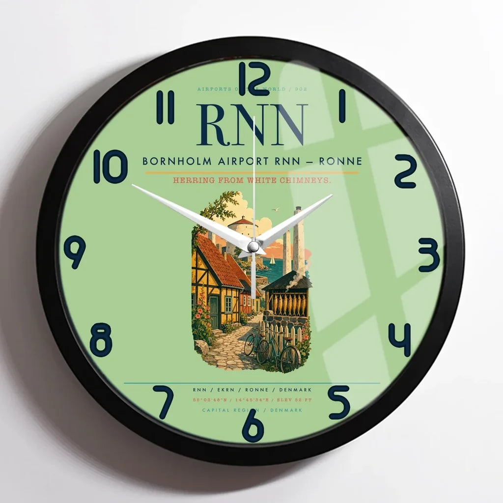 Bornholm Airport (RNN) design on light green framed wall clock