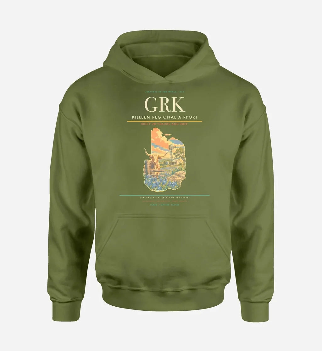 Killeen Regional Airport (GRK) design on green army hoodie single-side print