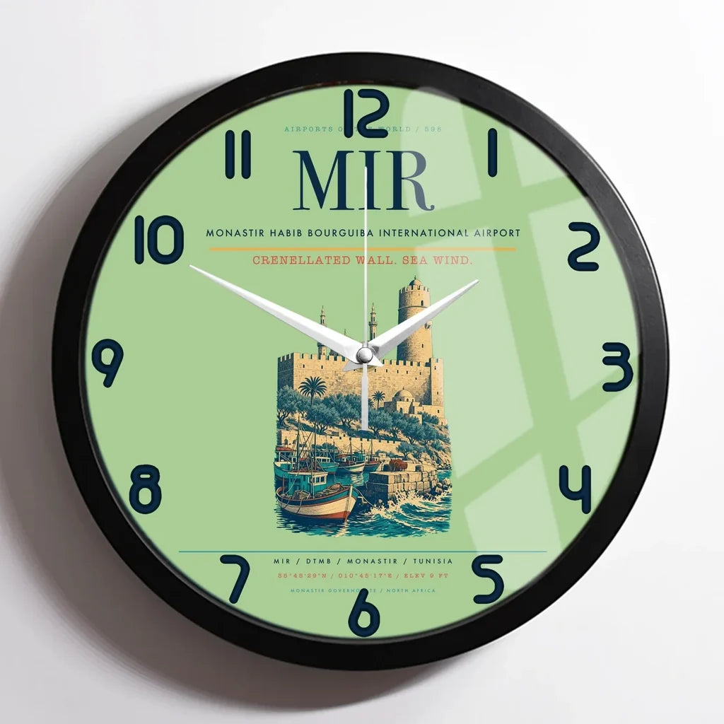 Monastir Habib Bourguiba International Airport (MIR) design on light green framed wall clock