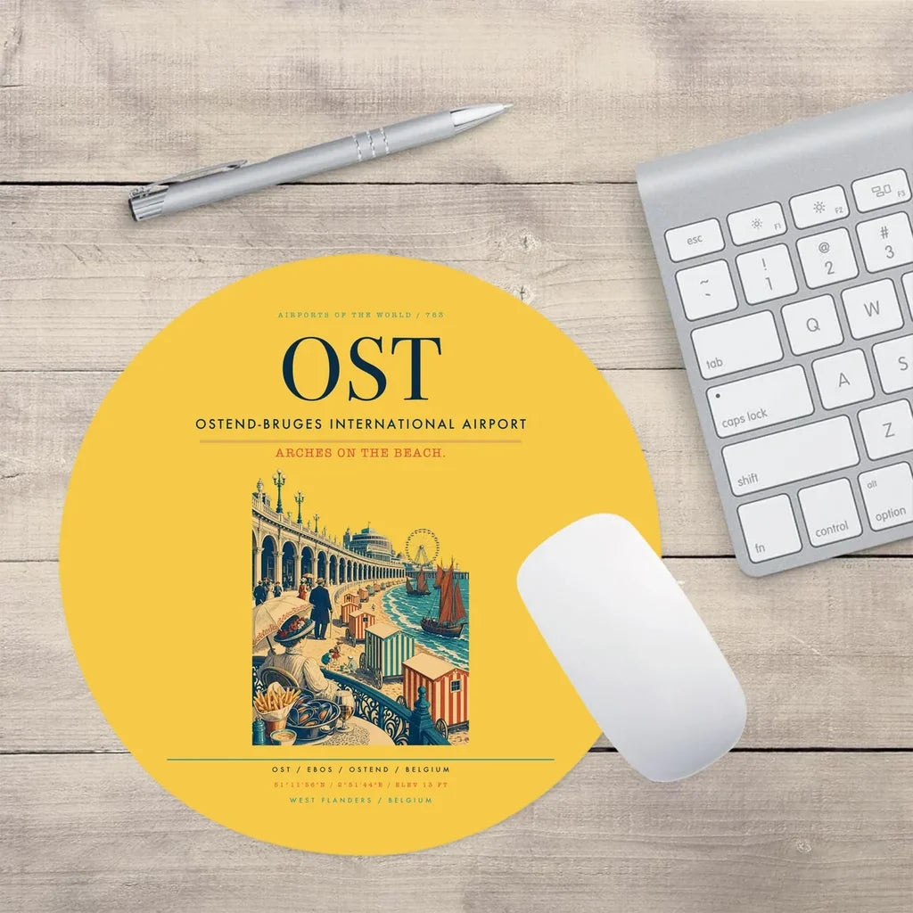 Ostend-Bruges International Airport (OST) design on yellow round mouse pad