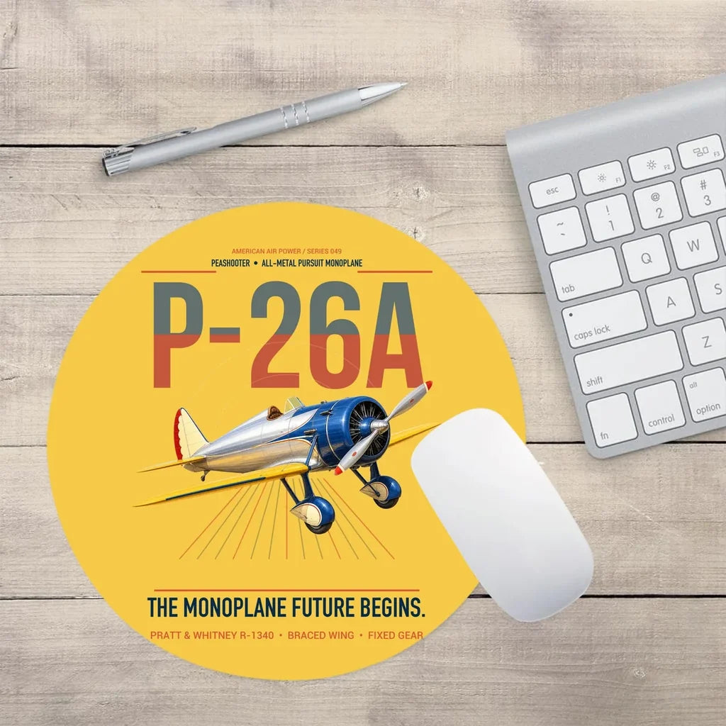 Boeing P-26A Peashooter design on yellow round mouse pad