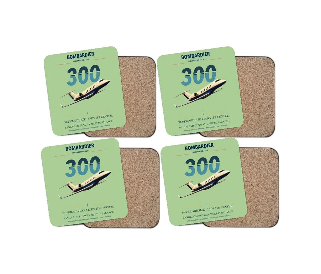 Bombardier Challenger 300 design on light green 4 pieces set coaster