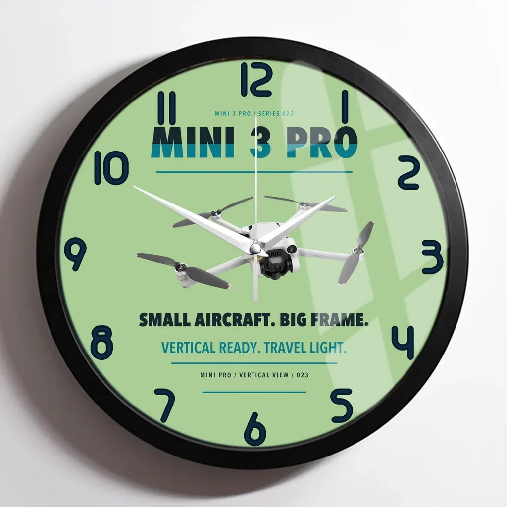 DJI Mini 3 Pro design on light green framed wall clock