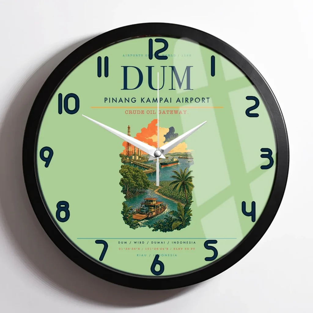 Pinang Kampai Airport (DUM) design on light green framed wall clock