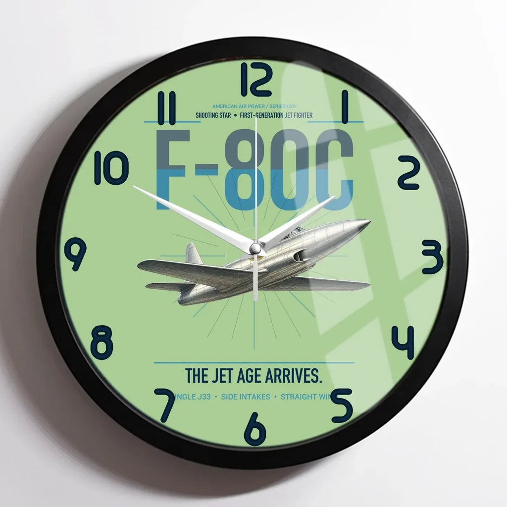 F-80C Shooting Star design on light green framed wall clock