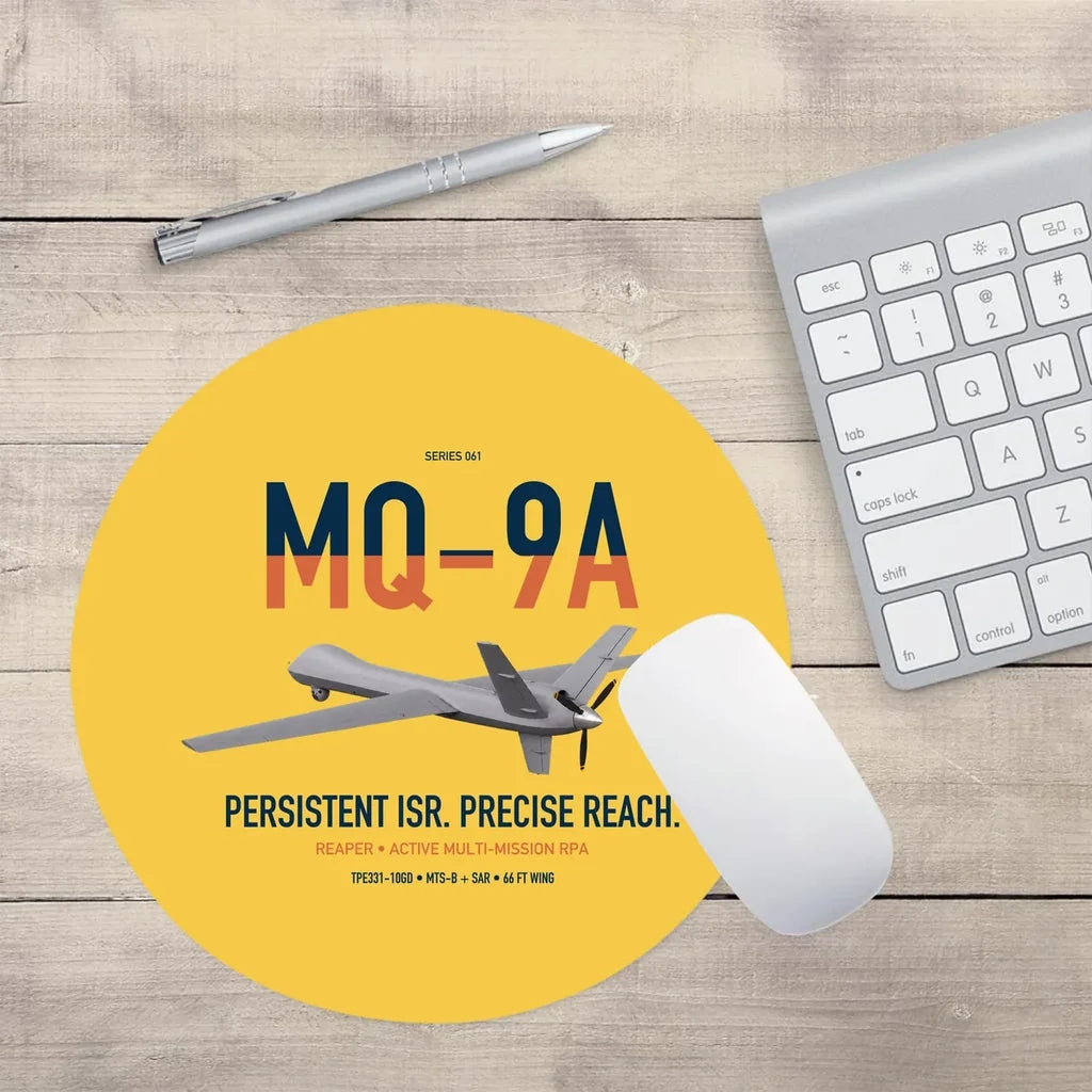 MQ-9A Reaper design on yellow round mouse pad