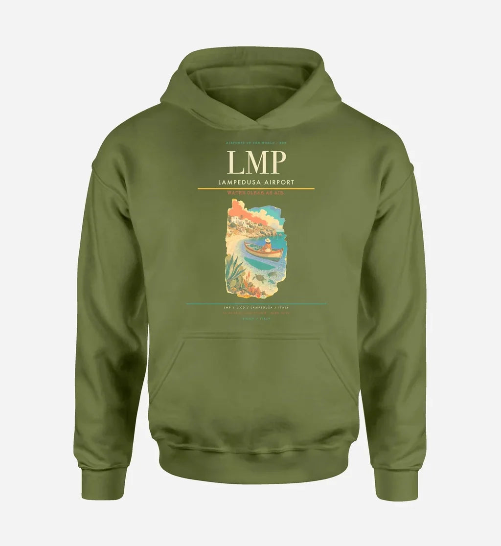 Lampedusa Airport (LMP) design on green army hoodie single-side print