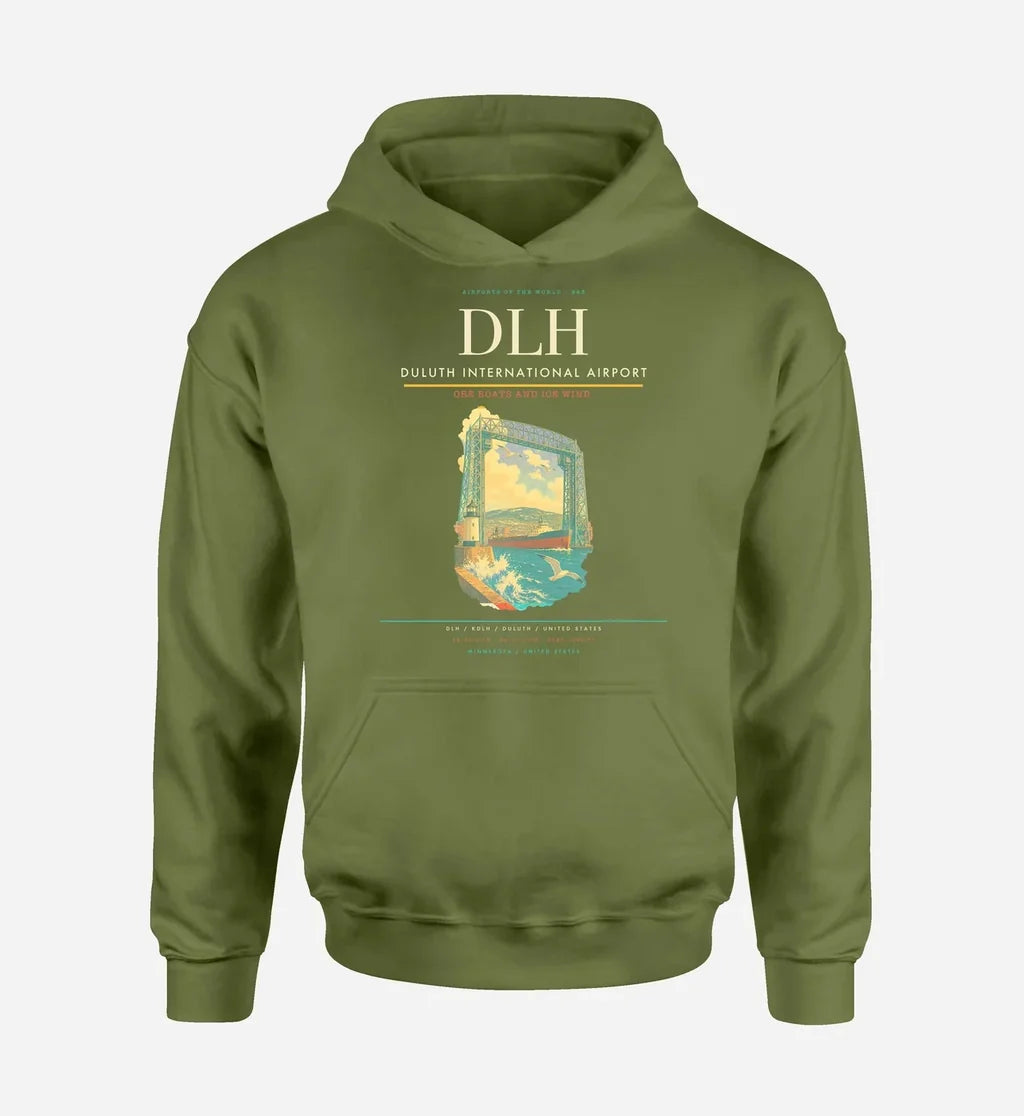 Duluth International Airport (DLH) design on green army hoodie single-side print