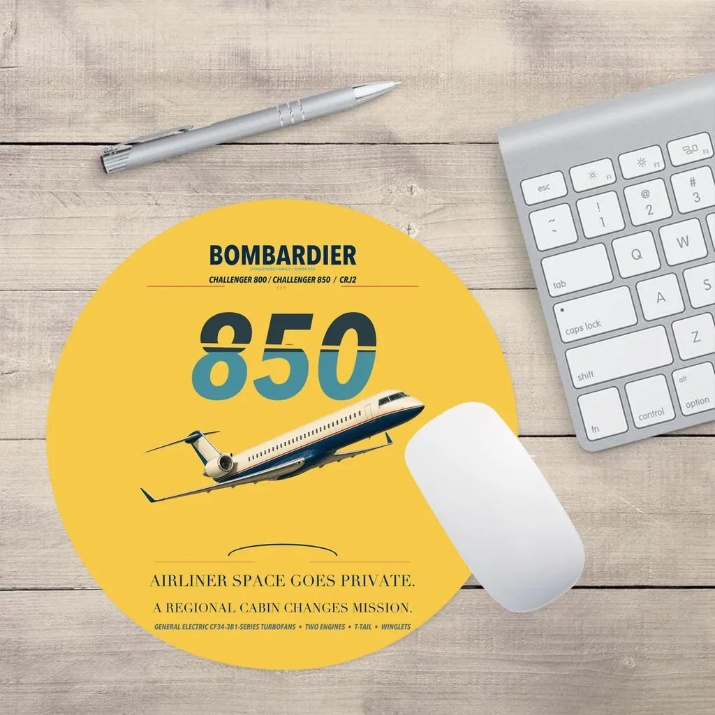 Bombardier Challenger 850 design on yellow round mouse pad