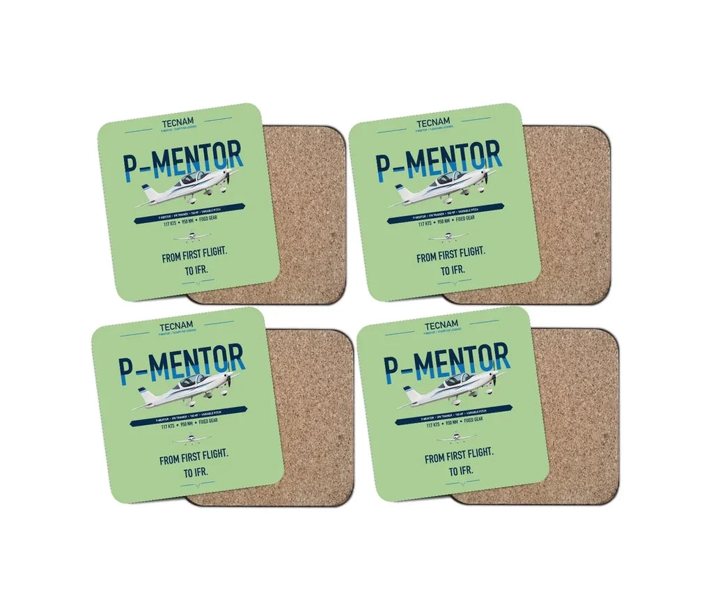 Tecnam P-Mentor design on light green 4 pieces set coaster