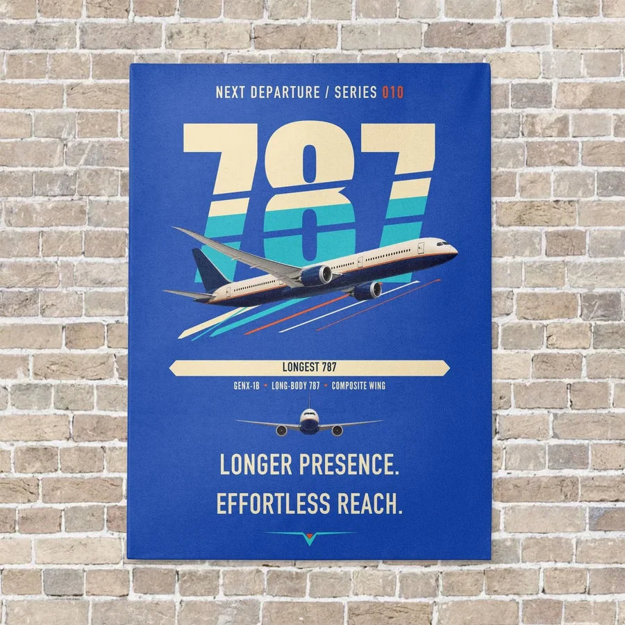 Boeing 787-10 Dreamliner vertical canvas print - no frame - blue background