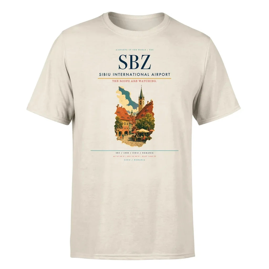 Sibiu International Airport (SBZ) T-Shirt single-side front print in Beige | sibiu-international-airport-sbz-double-side-t-shirt