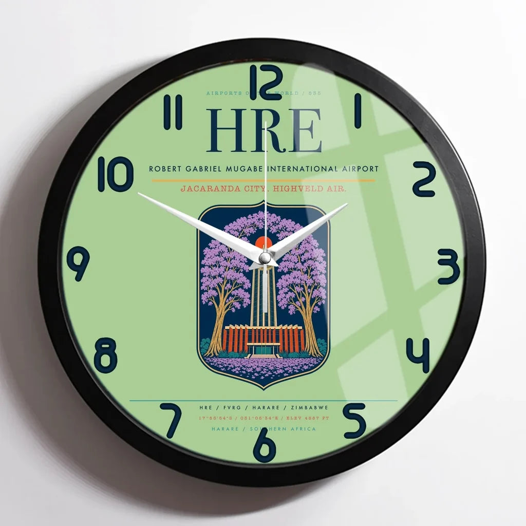 Robert Gabriel Mugabe International Airport (HRE) design on light green framed wall clock