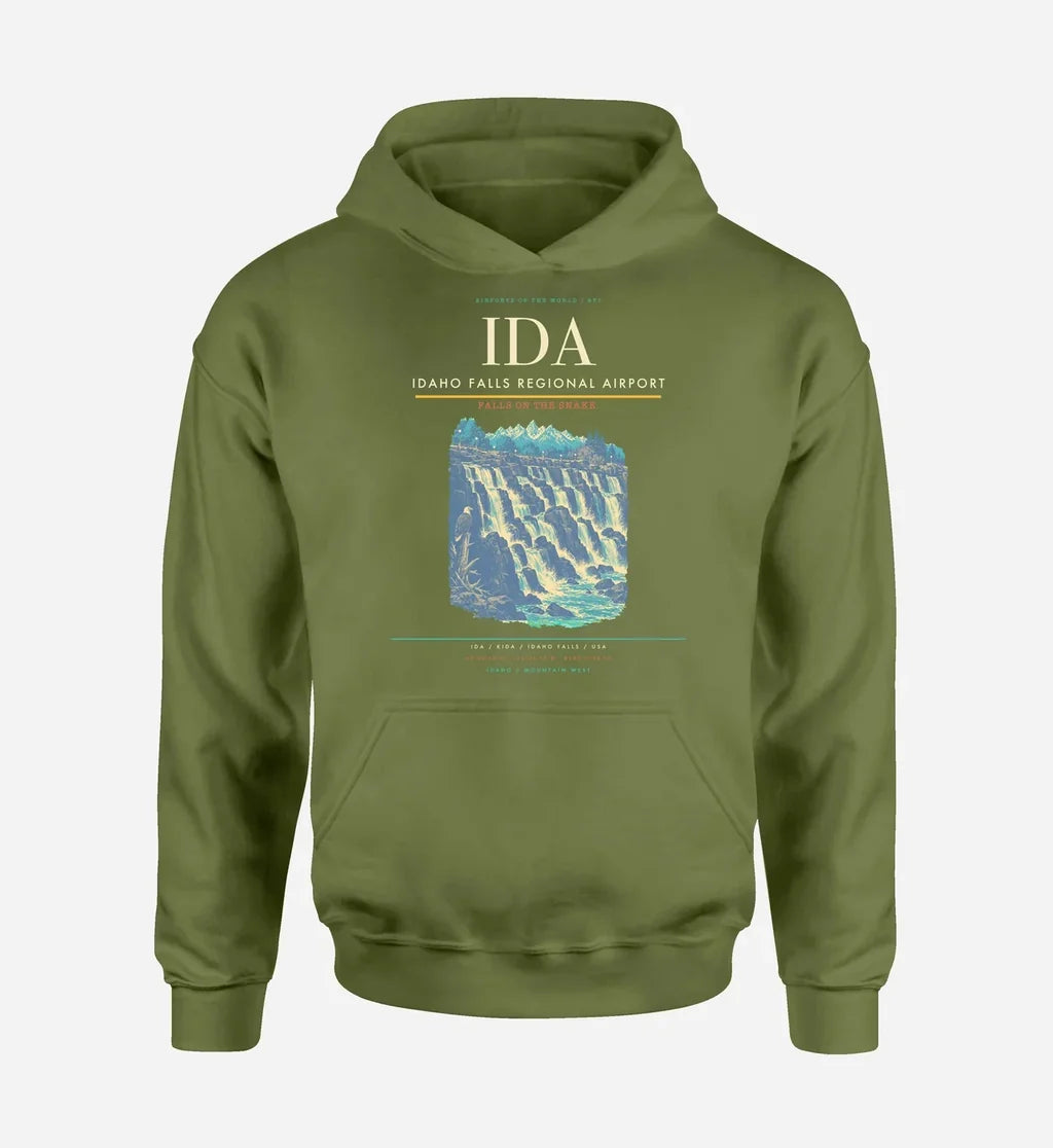 Idaho Falls Regional Airport (IDA) design on green army hoodie single-side print