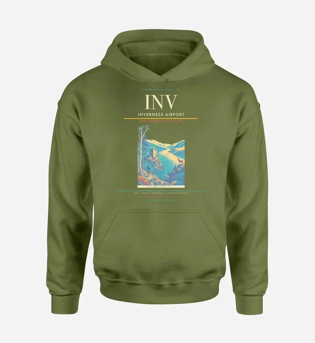 Inverness Airport (INV) design on green army hoodie single-side print