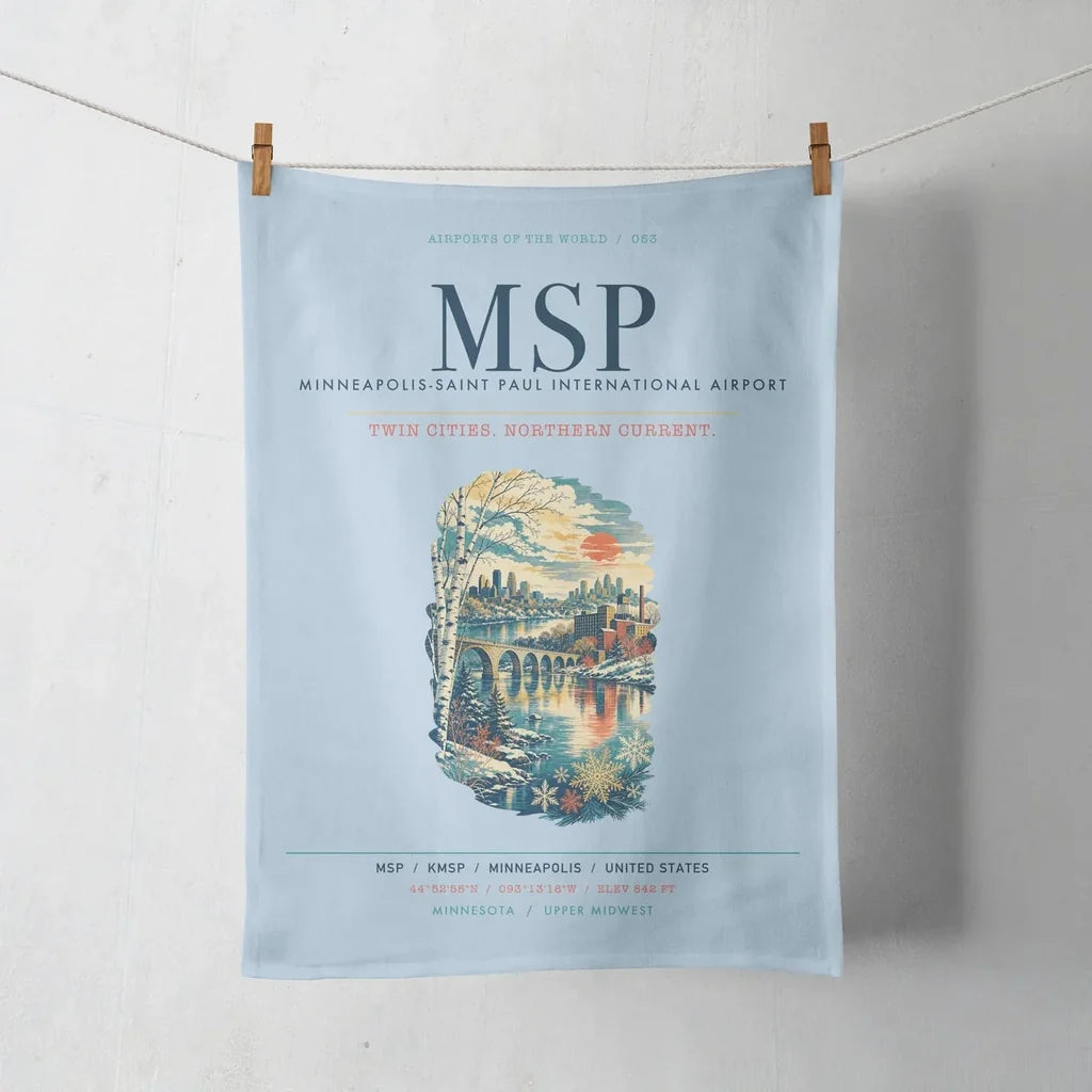Minneapolis-Saint Paul International Airport (MSP) design on light blue towel