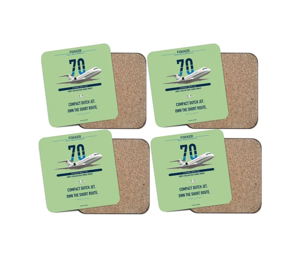 Fokker 70 design on light green 4 pieces set coaster