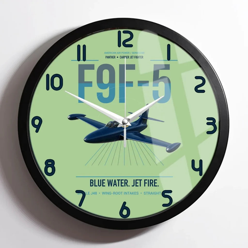 F9F-5 Panther design on light green framed wall clock