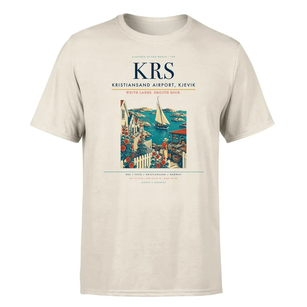 Kristiansand Airport, Kjevik (KRS) T-Shirt single-side front print in Beige | kristiansand-airport-kjevik-krs-double-side-t-shirt