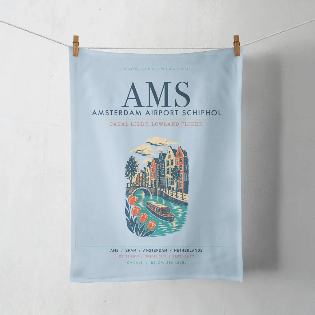 Amsterdam Airport Schiphol (AMS) design on light blue towel