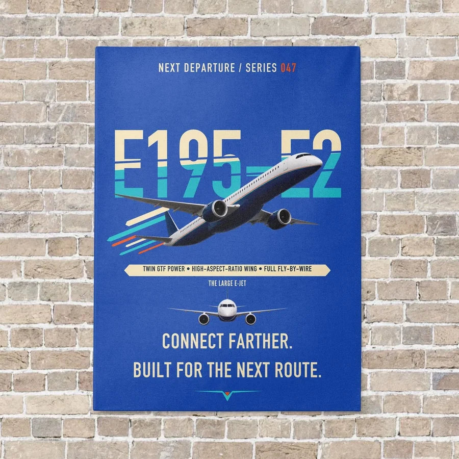 Embraer E195-E2 vertical canvas print - no frame - blue background