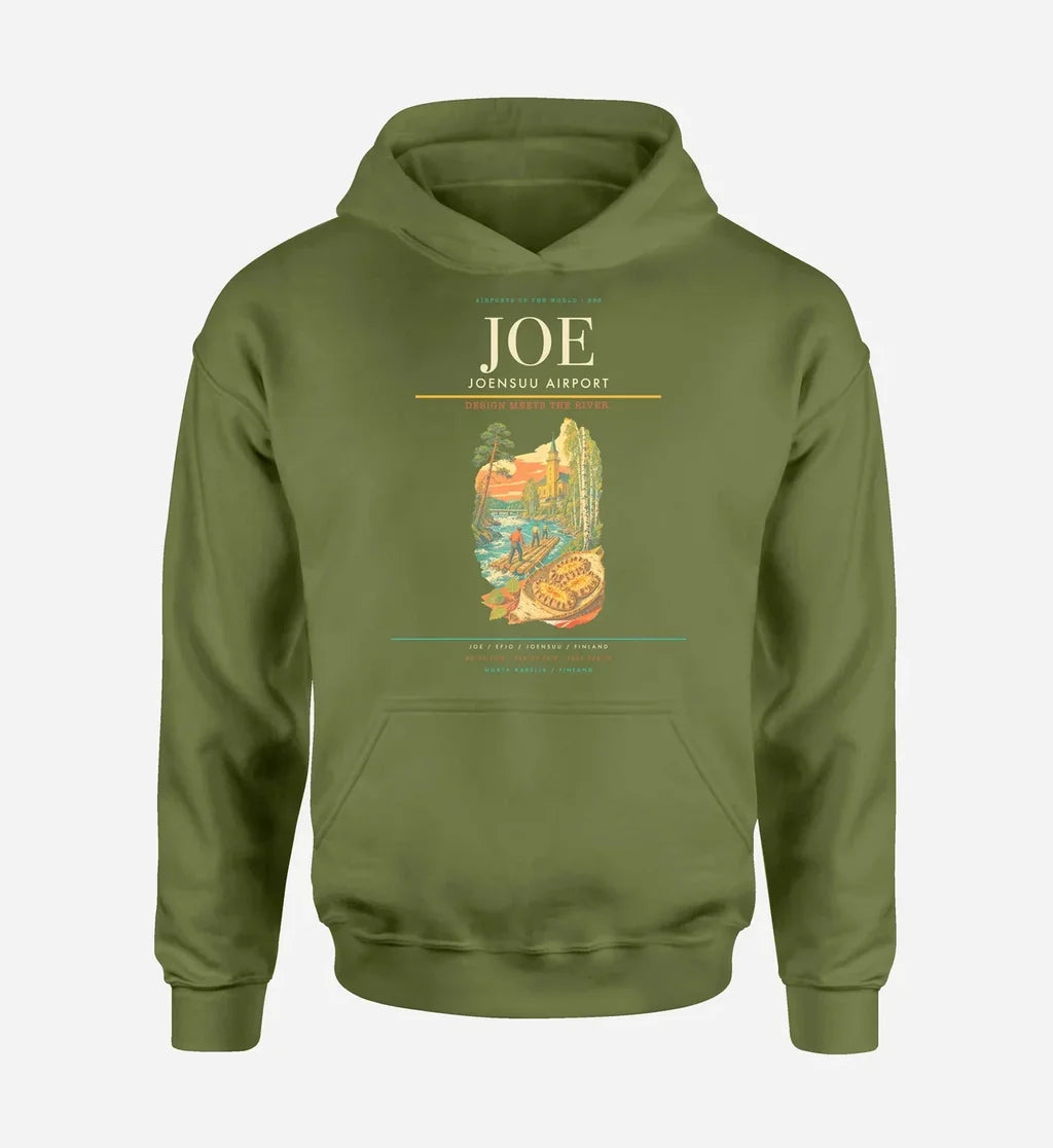 Joensuu Airport (JOE) design on green army hoodie single-side print