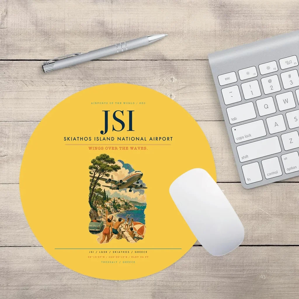 Skiathos Island National Airport (JSI) design on yellow round mouse pad