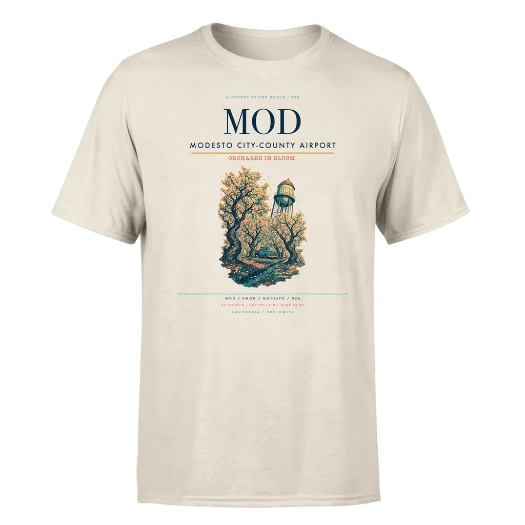 Modesto City-County Airport (MOD) T-Shirt single-side front print in Beige | modesto-city-county-airport-mod-double-side-t-shirt