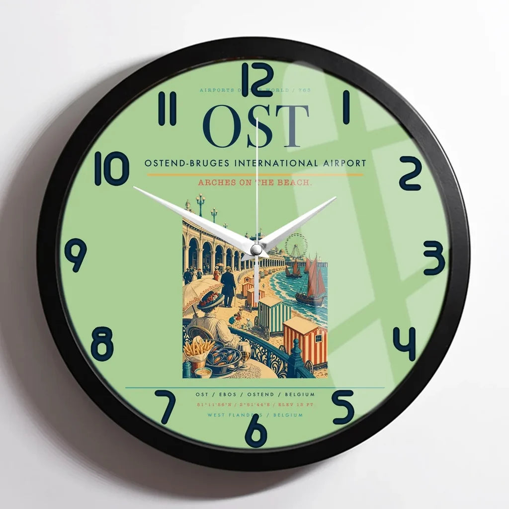 Ostend-Bruges International Airport (OST) design on light green framed wall clock