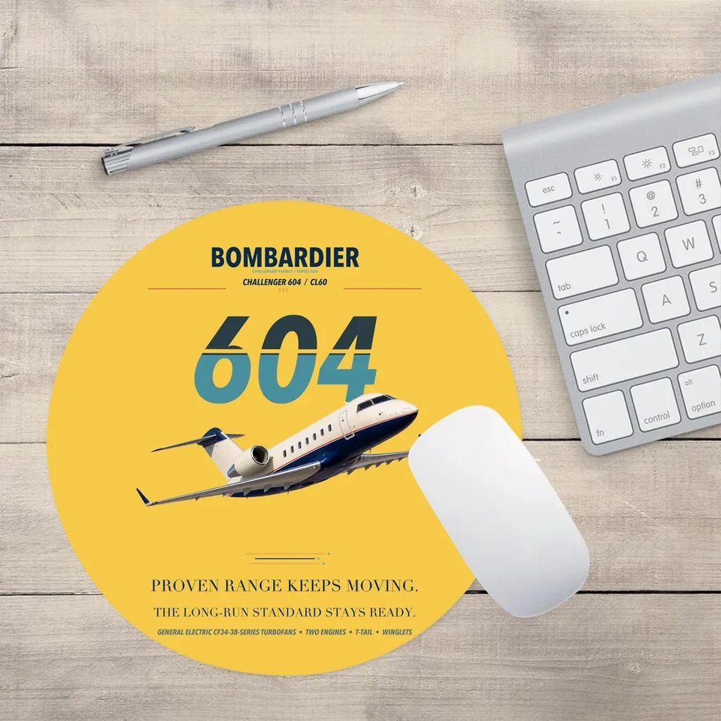 Bombardier Challenger 604 design on yellow round mouse pad