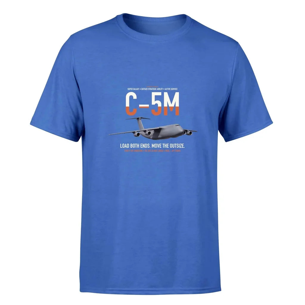 C-5M Super Galaxy design on blue double-side t-shirt, single-side print