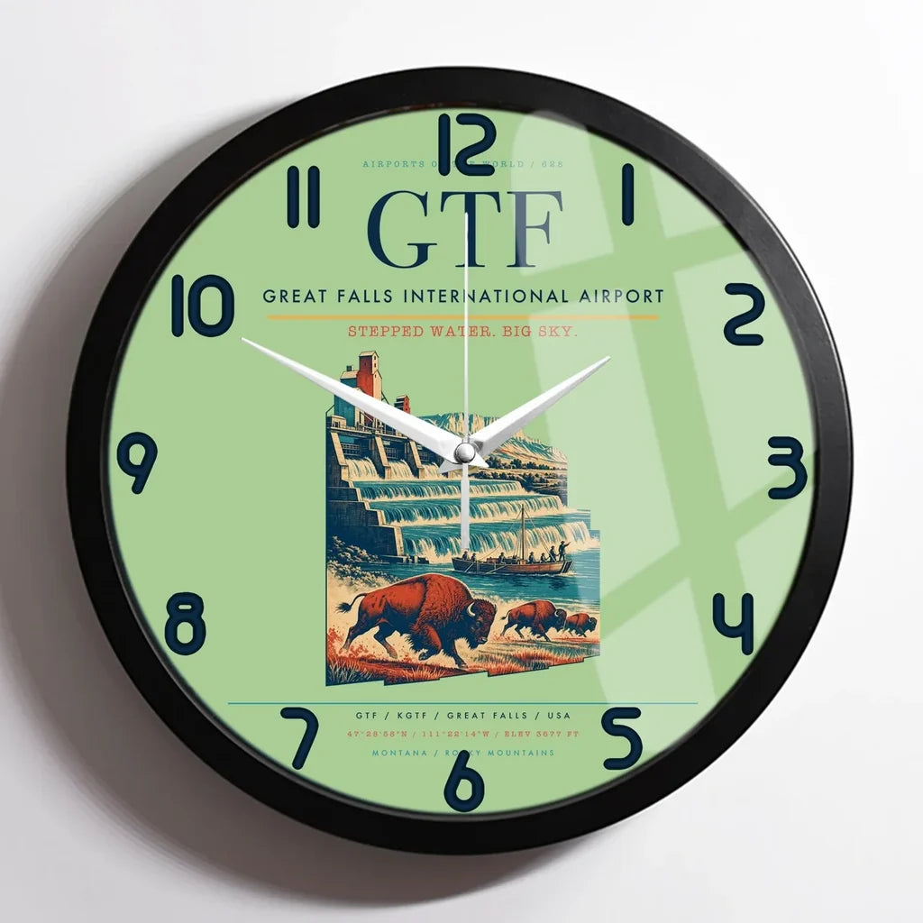 Great Falls International Airport (GTF) design on light green framed wall clock