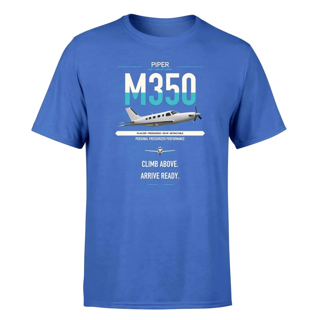 Piper M350 design on blue t-shirt, single-side print