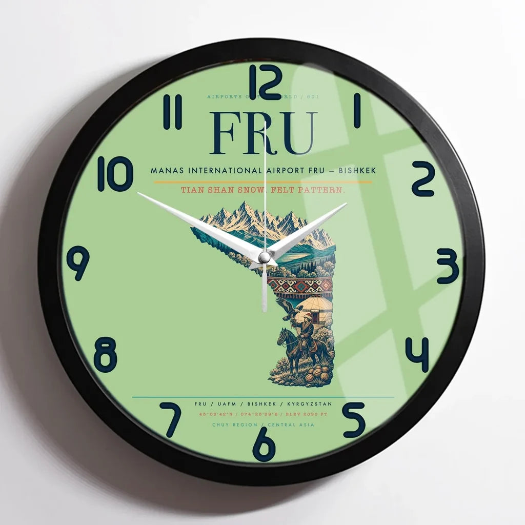 Manas International Airport (FRU) design on light green framed wall clock