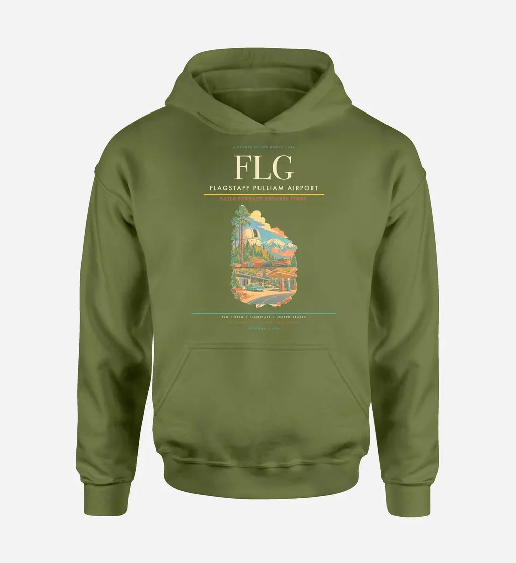Flagstaff Pulliam Airport (FLG) design on green army hoodie single-side print