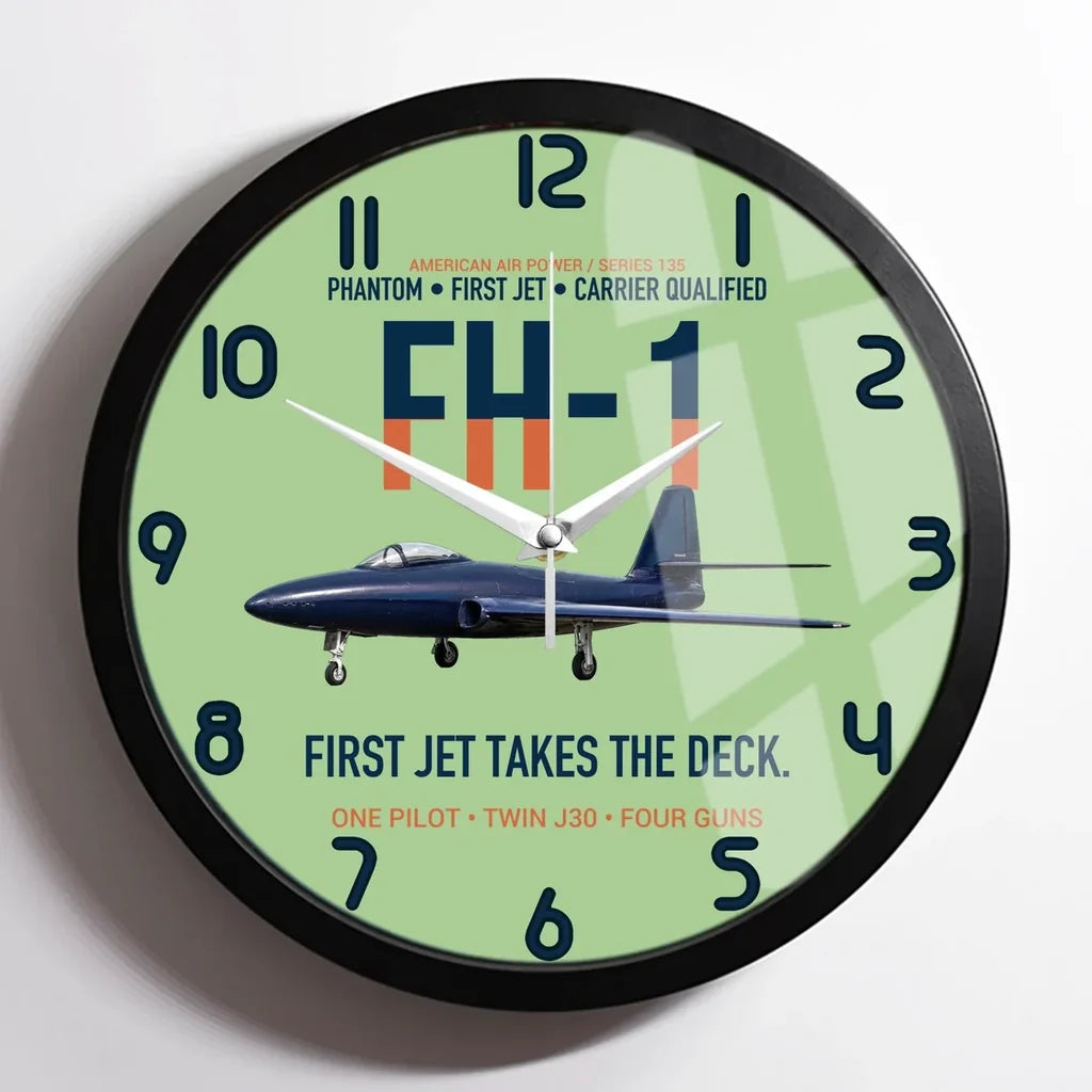 FH-1 Phantom First Jet Takes the Deck design on light green framed wall clock