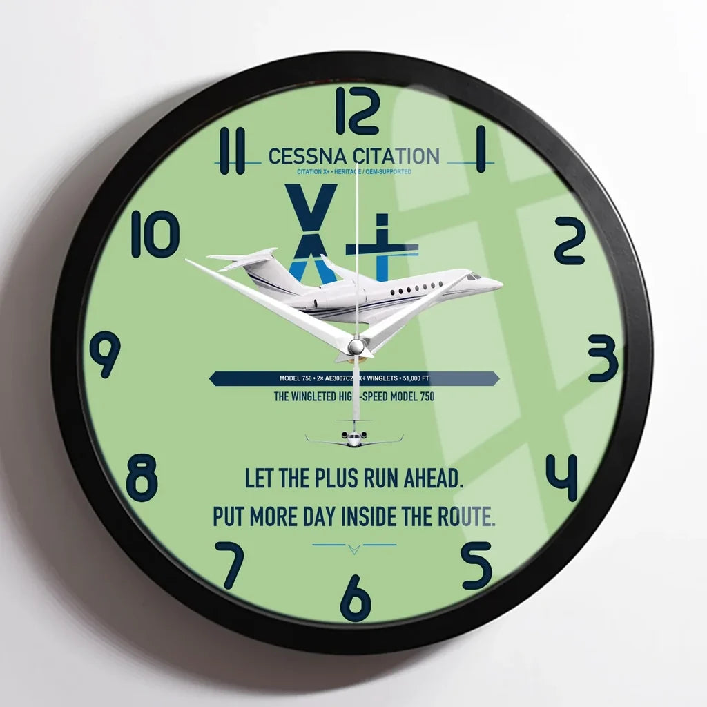 Cessna Citation X+ design on light green framed wall clock