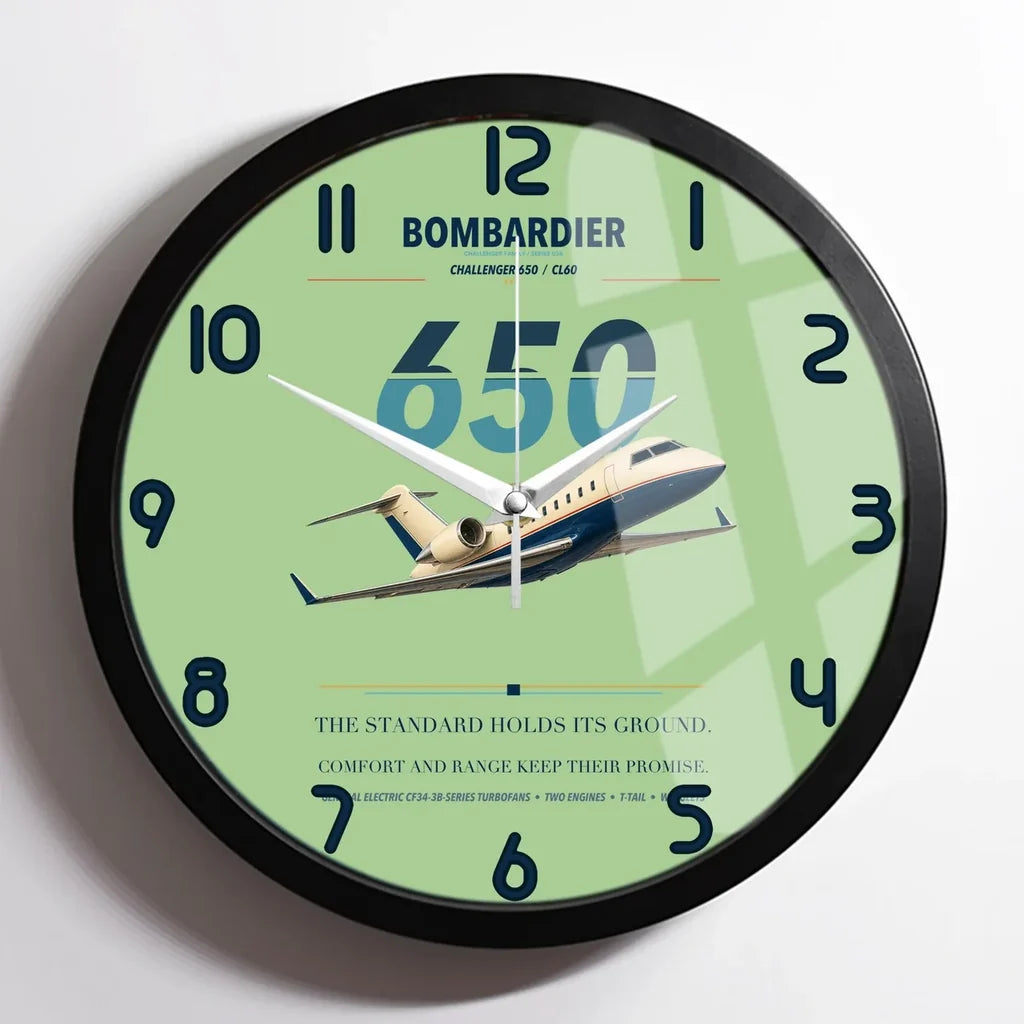 Bombardier Challenger 650 design on light green framed wall clock
