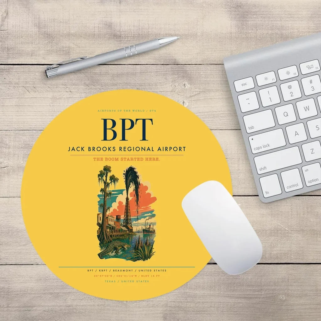 Jack Brooks Regional Airport (BPT) design on yellow round mouse pad