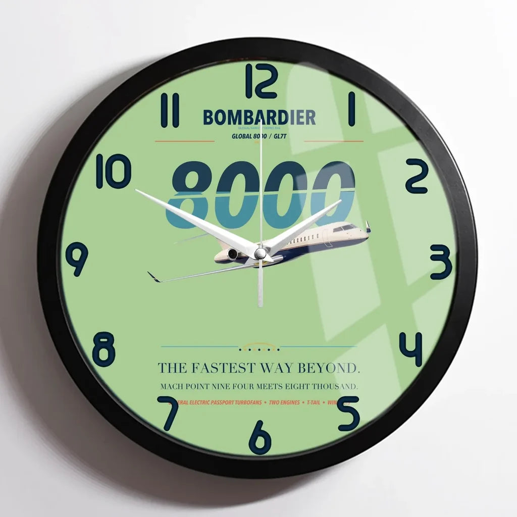 Bombardier Global 8000 design on light green framed wall clock