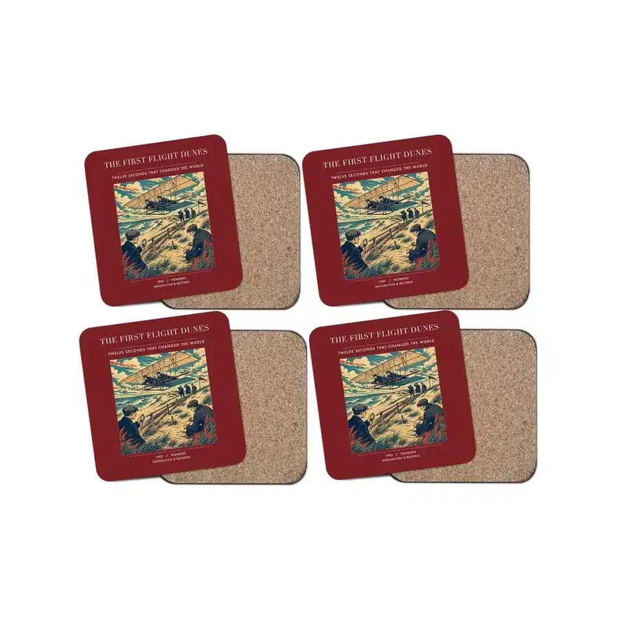 The First Flight Dunes - Designed Coasters design on dark red 4-pieces-set