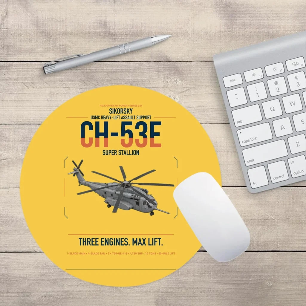 Sikorsky CH-53E Super Stallion design on yellow round mouse pad