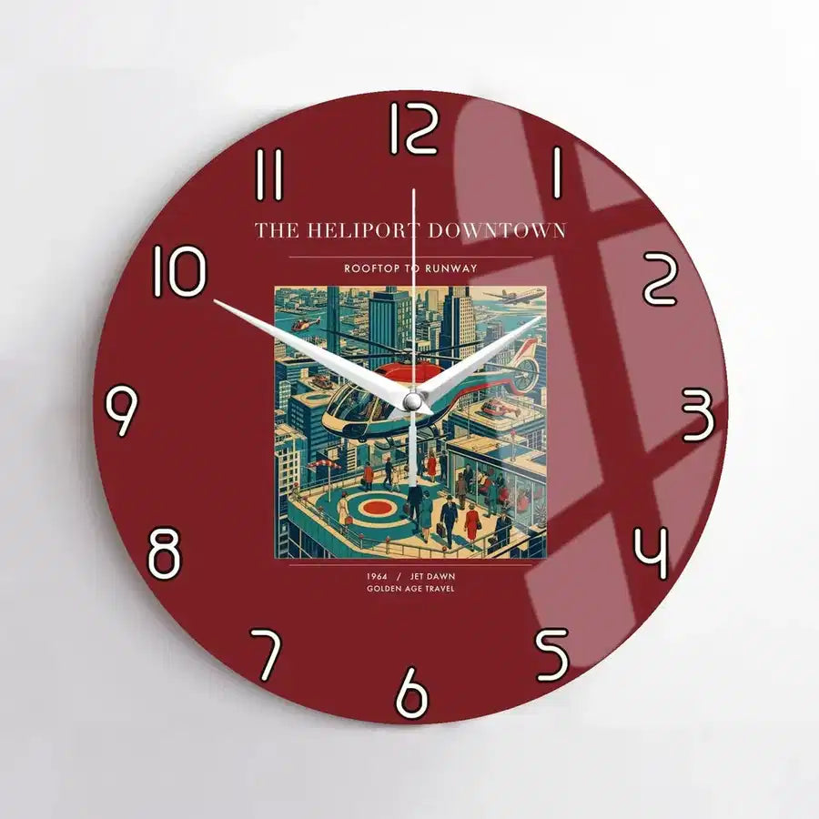 VINTAGE G4127 - The Heliport Downtown - Designed Wall Clocks design on darkred no-frame