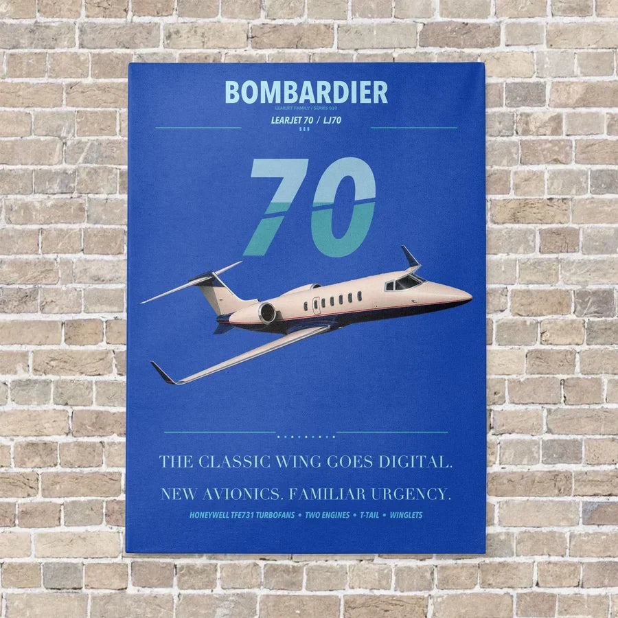 Bombardier Learjet 70 vertical canvas print - no frame - blue background