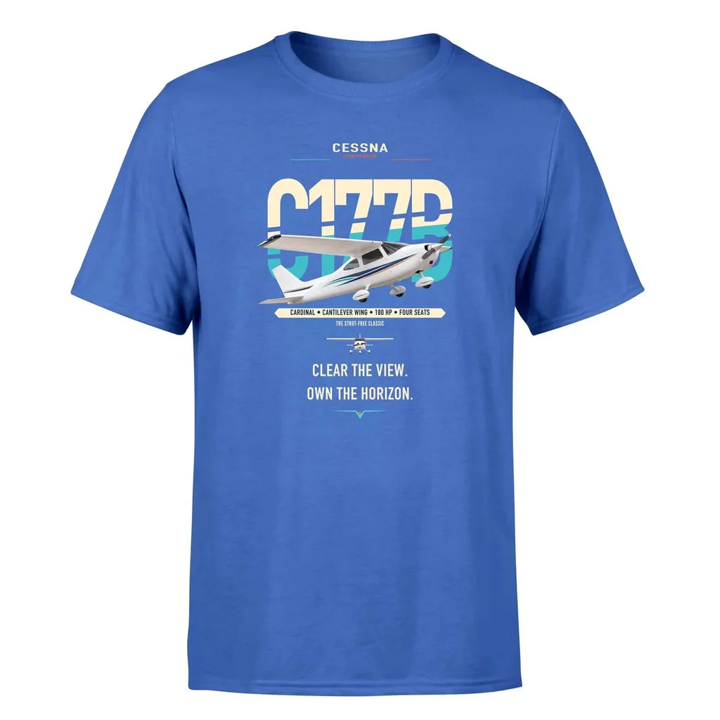 Cessna 177B Cardinal design on blue t-shirt, single-side print