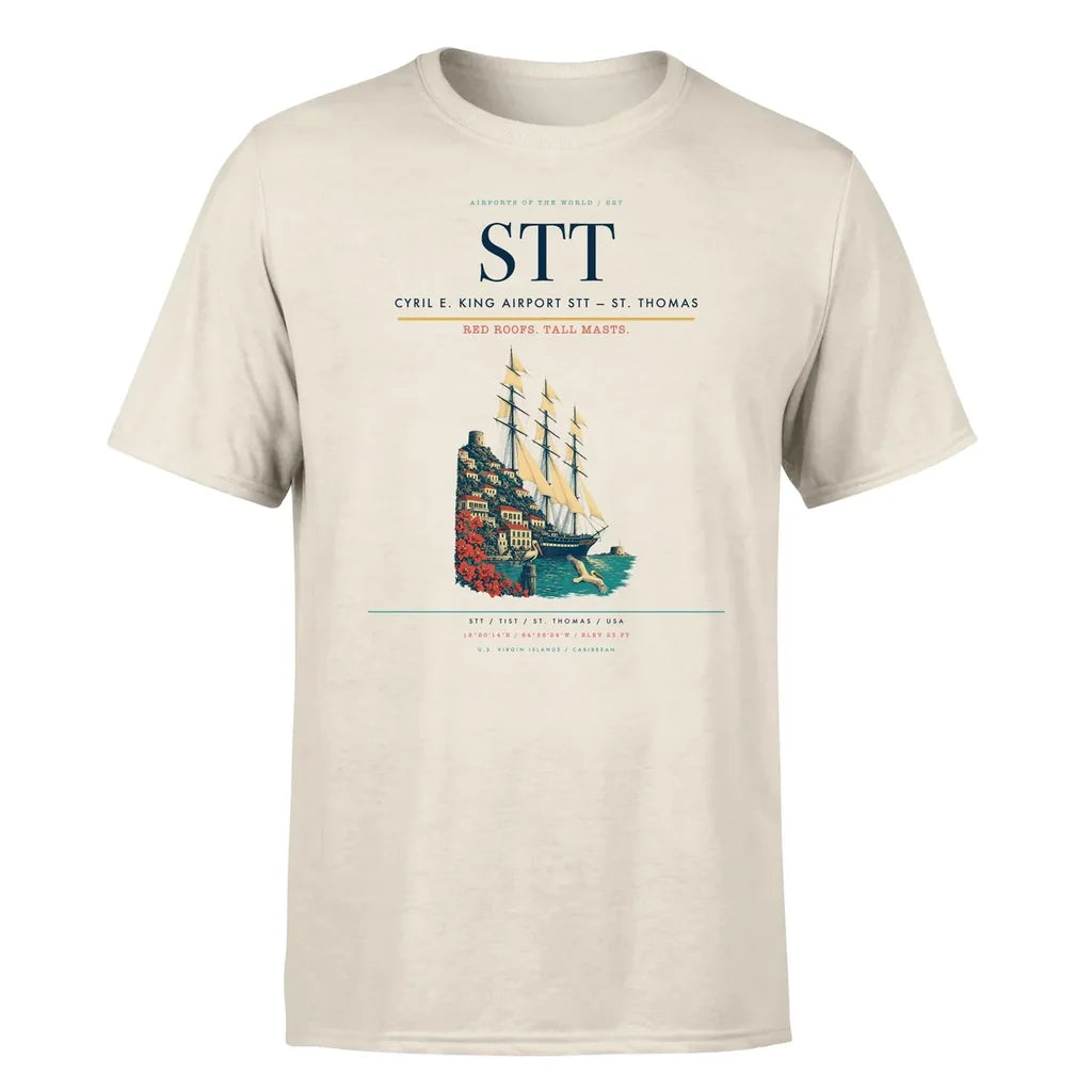 Cyril E. King Airport (STT) T-Shirt single-side front print in Beige | cyril-e-king-airport-stt-double-side-t-shirt