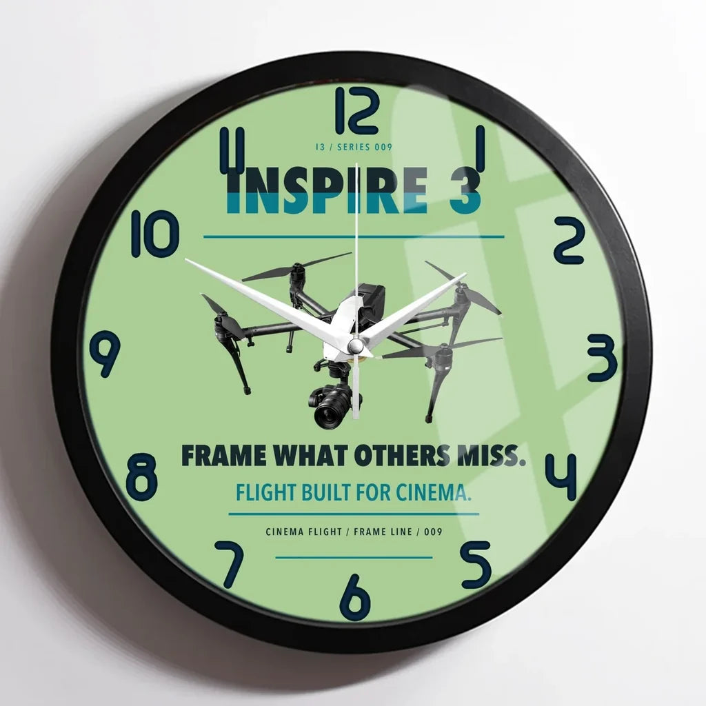 DJI Inspire 3 design on light green framed wall clock