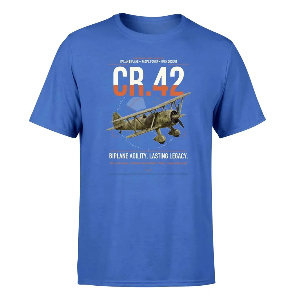 Fiat CR.42 Falco design on blue t-shirt, single-side print